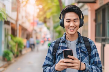 Asian man is listening to music on smartphone with headphones outdoors