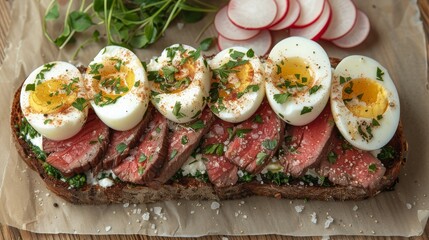   A slice of bread topped with meat, eggs, and vegetables alongside radishes