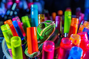 Foto op Canvas chameleon hiding in a bucket of neon nail polish bottles © studioworkstock