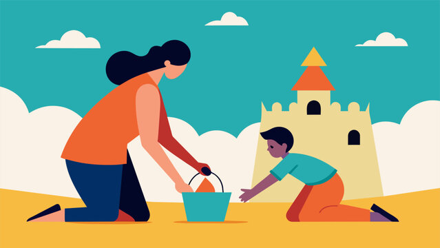 An abstract painting of a parent and child building a sandcastle at the beach representing the creativity and imagination that can be sparked