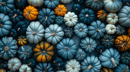   A pile of blue and orange pumpkins is arranged neatly inside a sizable exhibit at the marketplace - obrazy, fototapety, plakaty