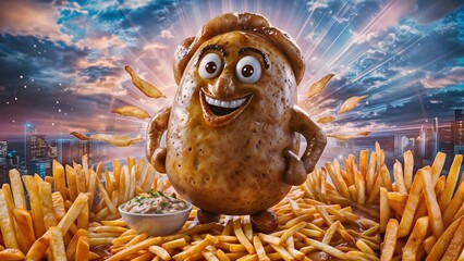Cheerful Potato Mascot Surrounded by Delicious French Fries Background