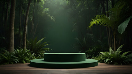 Wooden product display podium in jungle forest with circle fluorescent neon light lamp background. Product presentation theme. Nature and Organic cosmetic and food concept. generative.ai - obrazy, fototapety, plakaty
