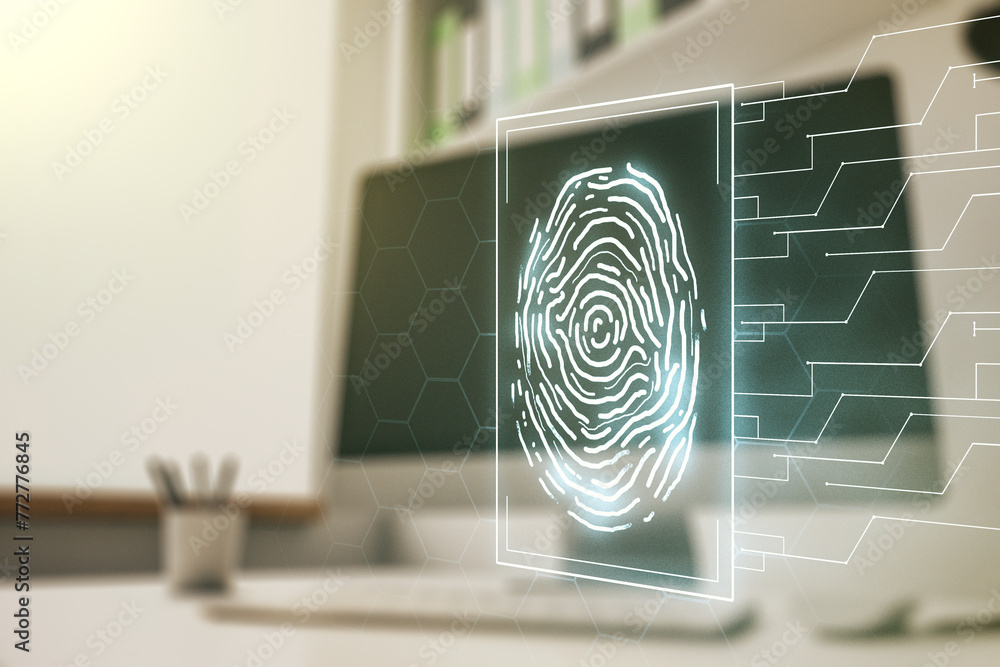 Leinwandbilder Multi exposure of abstract graphic fingerprint sketch and modern desktop with pc on background, fingerprint scan data concept