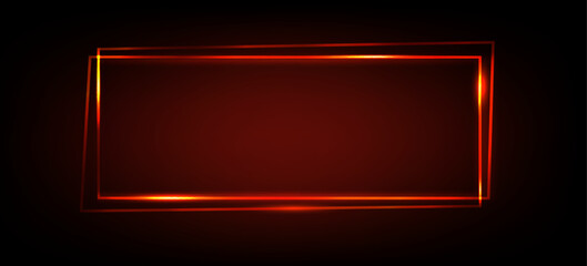 Red neon rectangle frame banner with light glow background. Led line electric signboard for game or casino. Abstract cyber shine template design. Futuristic party signage for modern music club