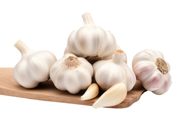 A Symphony of Aromatic Bulbs: Fresh Garlic on a Wooden Cutting Board. On a Clear PNG or White Background.