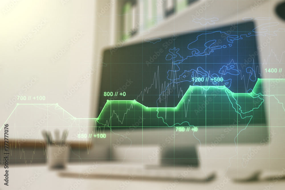 Poster Multi exposure of abstract graphic data spreadsheet sketch and modern desktop with pc on background, analytics and analysis concept