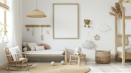 Frame up design. Lovely baby room interior. 3d render