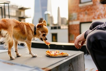 chihuahua eats a mini pizza on a rooftop patio next to the owner - obrazy, fototapety, plakaty