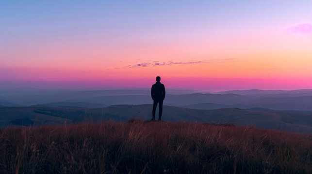 A person stands as a silhouette atop a mountain peak, overlooking a vibrant sunset that paints the sky with hues of red and blue.
