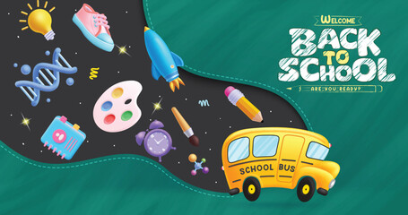 Back to school text vector design. School bus with educational elements, items, materials and supplies for e-learning and distance education background. Vector illustration school greeting design.  
