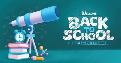 Back to school text vector design. Welcome back to school greeting with telescope, books and alarm clock science learning and teaching education supplies and elements. Vector illustration school 