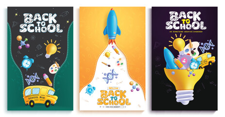 Back to school text vector poster set design. Welcome back to school greeting with school bus, rocket ship and bulb educational elements, supplies and items for e-learning lay out collection. Vector 