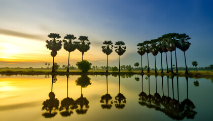 A serene landscape scene at sunrise with tall sugar palm trees (also known as toddy palm) standing majestically along the water's edge