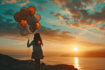 Motivation or hope concept, encouraging individuals to follow their dreams and find inspiration, featuring a girl with balloons at sunset