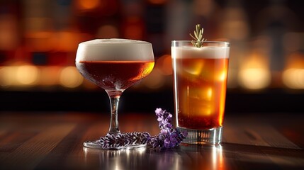   A couple of glasses filled with liquid beside an iced glass with lavender on a wooden table