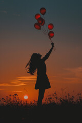 Motivation or hope concept, encouraging individuals to follow their dreams and find inspiration, featuring a girl with balloons at sunset