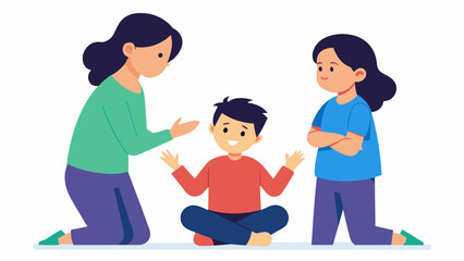 Parent mediating a fight between siblings asking them to express their needs and feelings calmly.