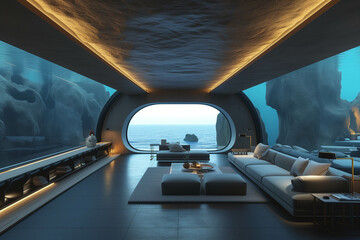Modern living room with a large aquarium surrounded by thick glass. The atmosphere is like an underwater room. - obrazy, fototapety, plakaty