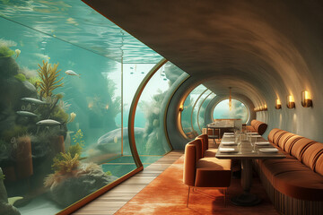 Modern living room with a large aquarium surrounded by thick glass. The atmosphere is like an underwater room.