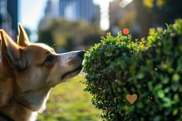 dog sniffing a heartshaped bush in a city park - obrazy, fototapety, plakaty