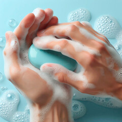 Female hands with soap suds and sphere on color background, closeup - obrazy, fototapety, plakaty