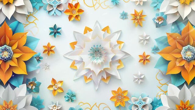 beautiful banner concept with paper art flowers eight pointed. seamless looping overlay 4k virtual video animation background