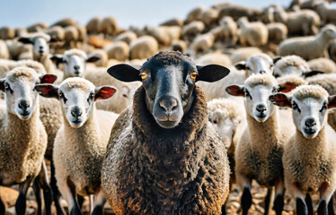 Black sheep in a flock of white sheeps. Difference, individuality, leadership and standing out from the crowd.