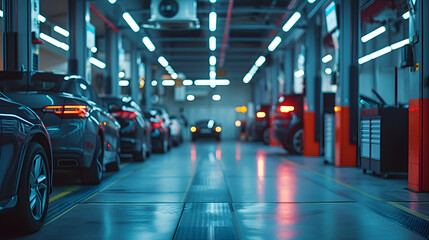 Modern cars parked inside a high-tech automotive service center with diagnostic equipment. Urban car dealership or repair workshop interior shot with selective focus and cool blue lighting