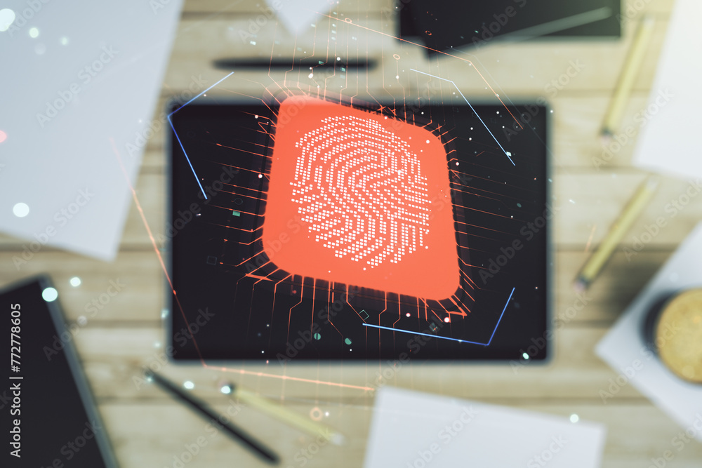 Poster Multi exposure of abstract fingerprint scan interface and modern digital tablet on background, digital access concept