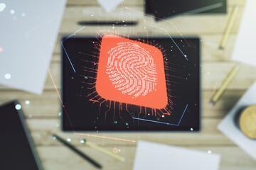 Multi exposure of abstract fingerprint scan interface and modern digital tablet on background,...