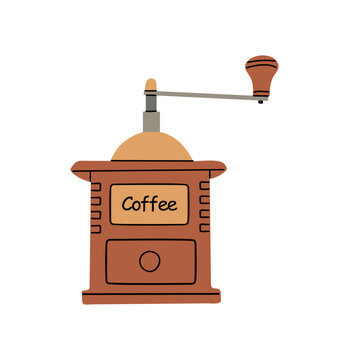 Wooden retro coffee bean grinder with handle. Hand drawn kitchen appliance, tool for fresh coffee grinding. Vintage kitchenware. Flat vector illustration isolated on transparent background.