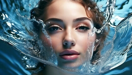 Close up portrait of a young, beautiful caucasian woman with water splash.