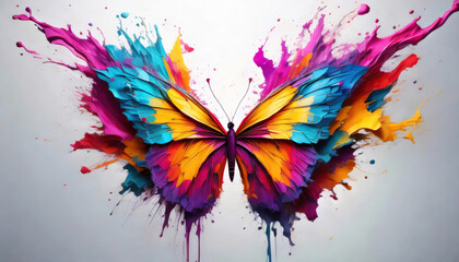 Colorful paint splash in butterfly shape on white background.