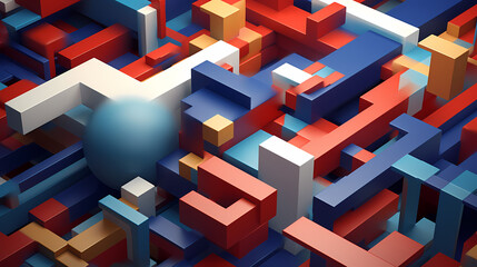 3D abstract background of multi-colored wooden geometric shapes