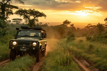 Fototapeta premium Jeep Driving Down Dirt Road at Sunset. Generative AI