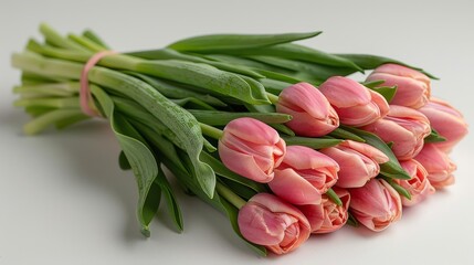   A cluster of pink tulips rests atop a pristine table surrounded by an assortment of green foliage
