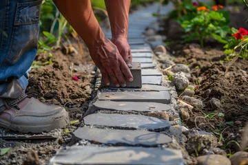 Rucksack focused on hands laying the final paver in a garden pathway © studioworkstock