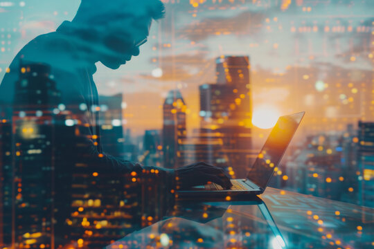 A double exposure image of a businessman using a laptop computer during sunrise overlay with a cityscape image