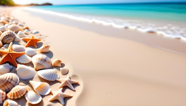 Sandy beach and ocean with beautiful seashells, blank copy space. 美しい貝殻のある砂浜と海。コピースペース