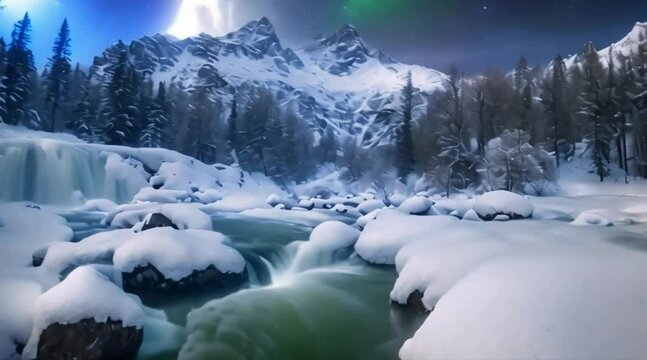 winter nature at the waterfall with snow mountain and aurora light seamless looping  timelapse