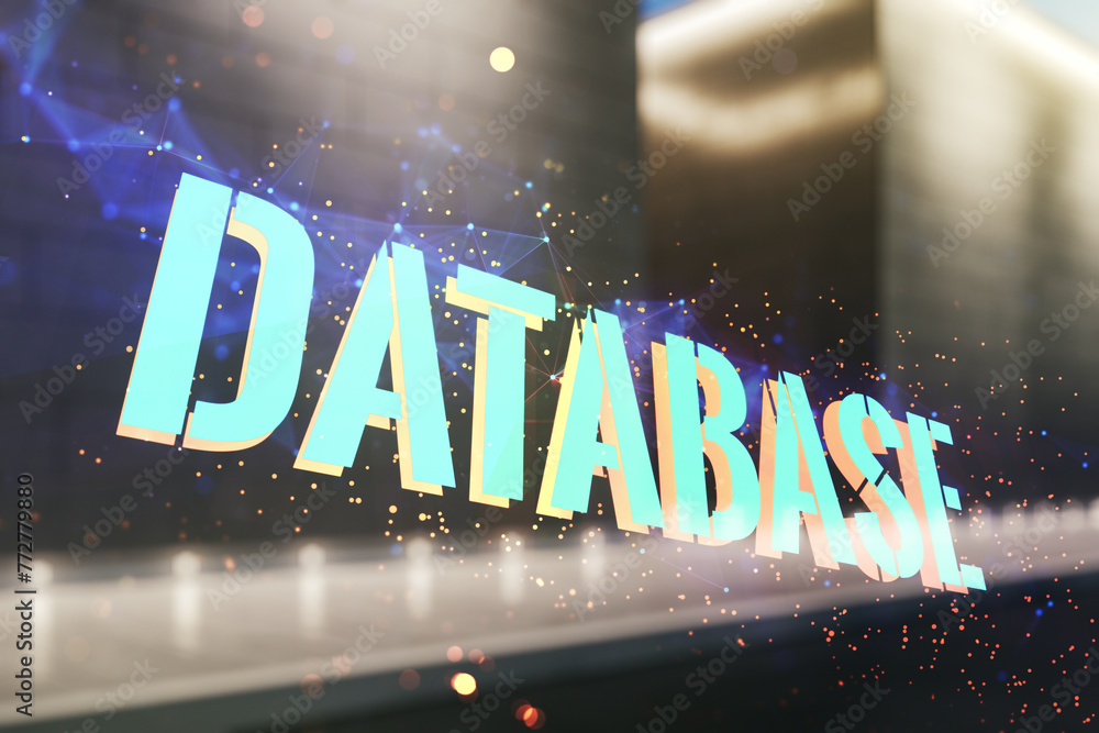 Poster double exposure of database word sign on blurry modern office building background, global research a