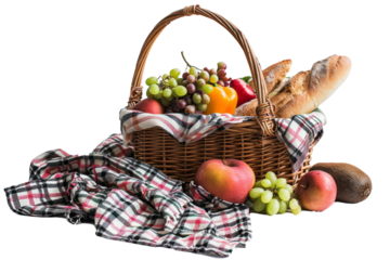 A picnic basket filled with summer fruits, crusty bread and a plaid blanket in a lush meadow. on a white background