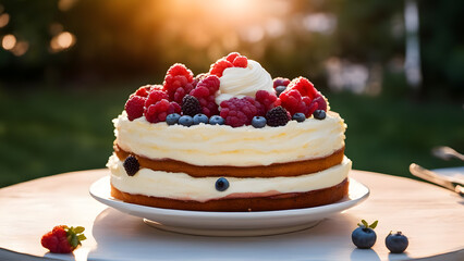 Delicious cake with cream and berries on the table in the garden
