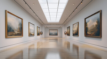 An art gallery with beautiful paintings displayed on the walls, generative Ai