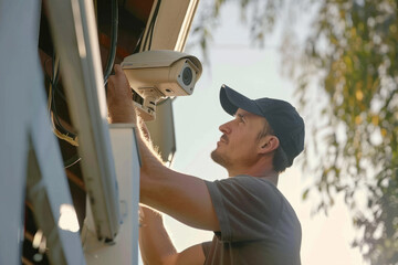 A man installing an outdoor surveillance IP camera for home security