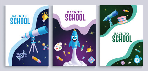 Back to school text vector poster set. Back to school greeting with telescope, rocket and educational elements for education promotion lay out collection. Vector illustration school greeting poster 