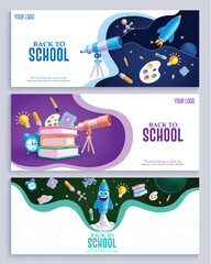 Back to school text vector banner set. Back to school greeting with telescope, rocket and educational elements for education promotion lay out collection. Vector illustration school greeting banner 