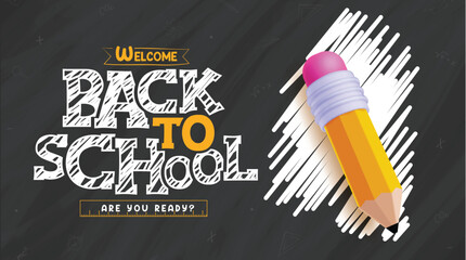 Back to school text vector template design. Welcome back to school greeting in black board space for typography with yellow pencil icons and elements. Vector illustration school educational background