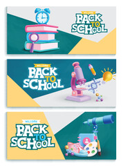Back to school text vector banner set. Welcome back to school greeting with educational 3d telescope, lamp, books learning icons and items decoration for education teaching lay out collection 